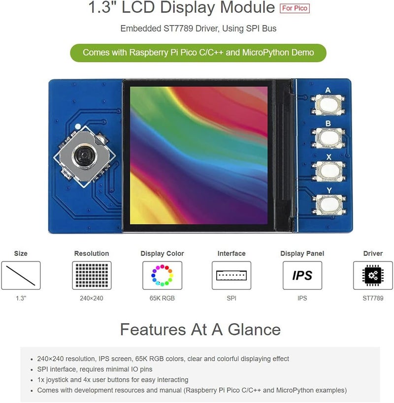 Waveshare 1.3inch LCD Display Module for Raspberry Pi Pico 65K RGB Colors 240×240 Pixels SPI Interface Comes with Raspberry Pi Pico C/C++ and MicroPython Demo - Image 2